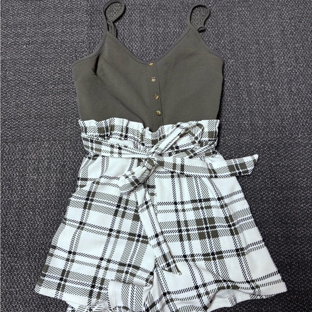 Almost Famous Green and White Plaid Romper